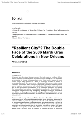 “Resilient City”? the Double Face of the 2006 Mardi Gras Celebrations in New Orleans