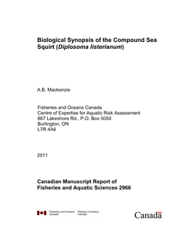 Biological Synopsis of the Compound Sea Squirt (Diplosoma Listerianum)