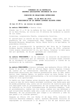 1- Área De Transcripciones CONGRESO DE LA REPÚBLICA SEGUNDA LEGISLATURA ORDINARIA DE 2014 COMISIÓN DE RELACIONES EXTERIORES