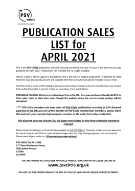 PUBLICATION SALES LIST for APRIL 2021