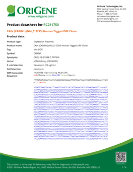 (CABIN1) (NM 012295) Human Tagged ORF Clone Product Data