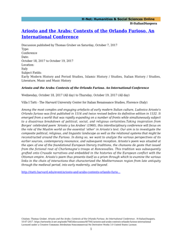 Ariosto and the Arabs: Contexts of the Orlando Furioso. an International Conference