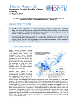 Situation Report #2: Democratic People’S Republic of Korea Flooding 13 August 2012