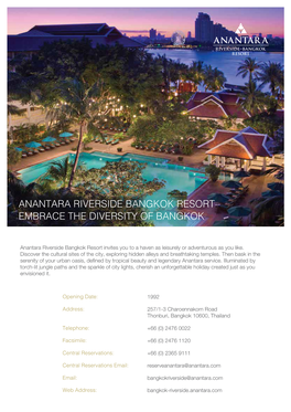 Anantara Bangkok Riverside Resort & Spa Trade Factsheet 20-09-2019