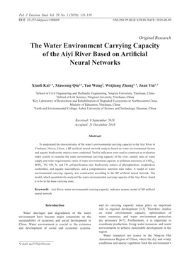 The Water Environment Carrying Capacity of the Aiyi River Based on Artificial Neural Networks