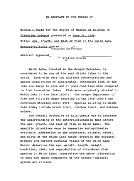 Age, Growth, and Diet of Fish in the Waldo Lake Natural-Cultural System