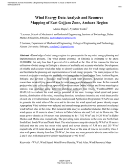 Wind Energy Data Analysis and Resource Mapping of East Gojjam Zone, Amhara Region