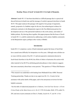Reading 'House of Jacob' in Isaiah 48:1-11 in Light of Benjamin. Abstract
