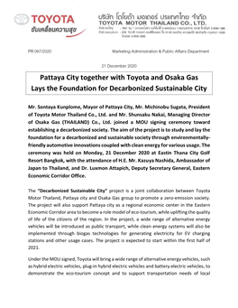 Pattaya City Together with Toyota and Osaka Gas Lays the Foundation for Decarbonized Sustainable City