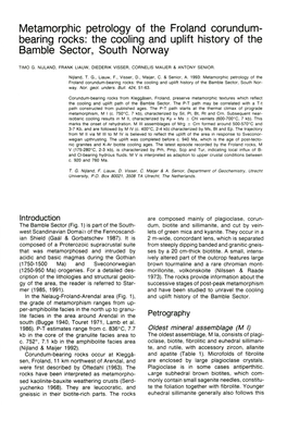 Metamorphic Petrology of the Froland Corundum- Bearing Rocks: The