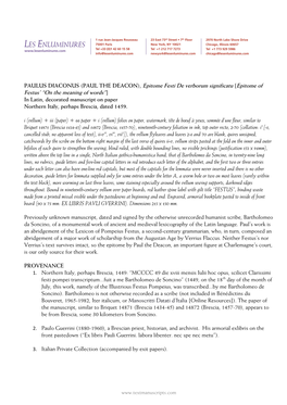 PAULUS DIACONUS (PAUL the DEACON), Epitome Festi De Verborum Significatu [Epitome of Festus' “On the Meaning of Words”] In