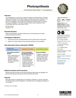 Photosynthesis a Carolina Essentials™ Investigation