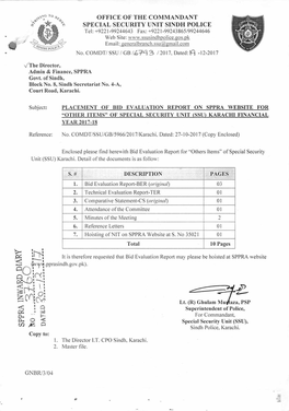 OFFICE of the COMMANDANT * SPECIAL SECURITY UNIT SINDH POLICE Tel: +9221-99244643 Fax: +9221-99243865/99244646 Web Site: Ice