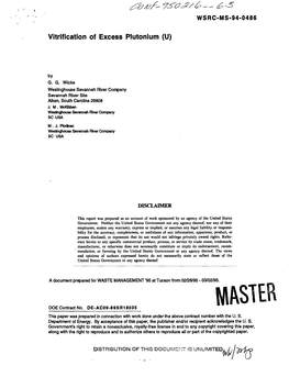 Vitrification of Excess Plutonium (U)