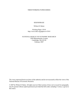 NBER WORKING PAPER SERIES SEIGNIORAGE Willem H. Buiter Working Paper 12919