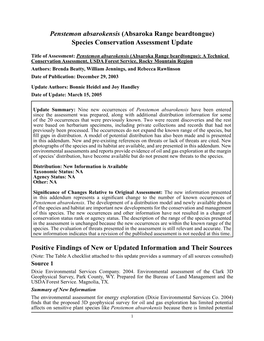 Absaroka Range Beardtongue) Species Conservation Assessment Update