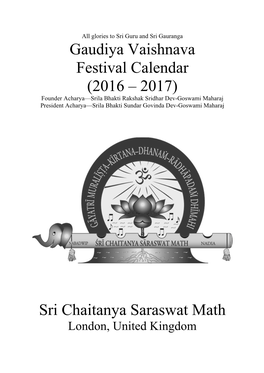 Gaudiya Vaishnava Festival Calendar (2016 – 2017) Sri Chaitanya