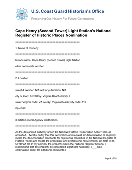 Cape Henry (Second Tower) Light Station's National Register of Historic Places Nomination