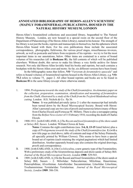 Annotated Bibliography of Heron-Allen’S Scientific (Mainly Foraminiferal) Publications, Housed in the Natural History Museum, London