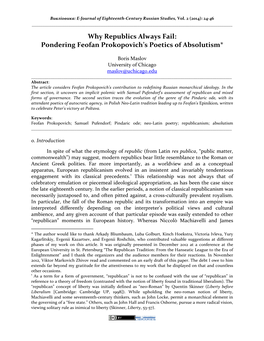 Pondering Feofan Prokopovich's Poetics of Absolutism