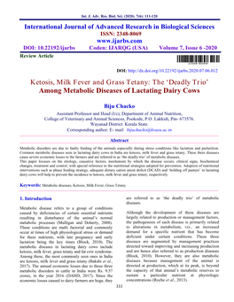 Ketosis, Milk Fever and Grass Tetany: the ‘Deadly Trio’ Among Metabolic Diseases of Lactating Dairy Cows