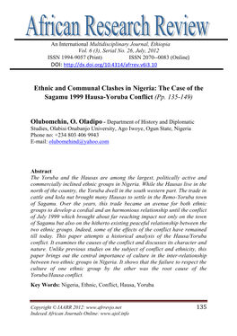 Ethnic and Communal Clashes in Nigeria: the Case of the Sagamu 1999 Hausa-Yoruba Conflict (Pp
