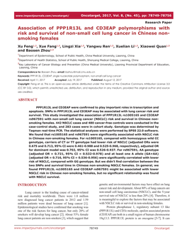 Association of PPP1R13L and CD3EAP Polymorphisms with Risk and Survival of Non-Small Cell Lung Cancer in Chinese Non- Smoking Females