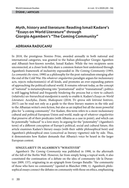 Myth, History and Literature: Reading Ismail Kadare’S “Essays on World Literature” Through Giorgio Agamben’S “The Coming Community”