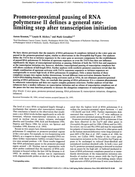 Promoter-Proximal Pausing of RNA Eolymerase II Defines a General Rate- Limiting Step After Transcription Initiation