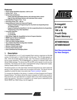 8-Megabit (512K X 16/ 1M X 8) 3-Volt Only Flash Memory AT49BV802A