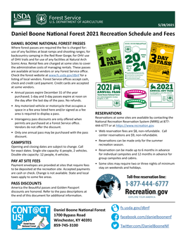 Daniel Boone National Forest 2021 Recreation Schedule and Fees
