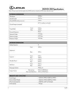 2021 RX 350 Specifications Notes: All Specs Are for Both All-Weather Drive (AWD) and Front-Wheel Drive (FWD) Unless Otherwise Noted