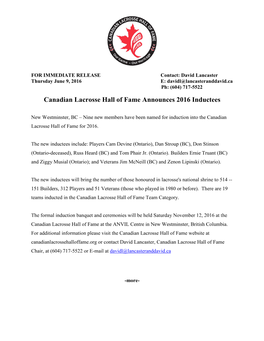 Canadian Lacrosse Hall of Fame Annnounces 2016 Inductees