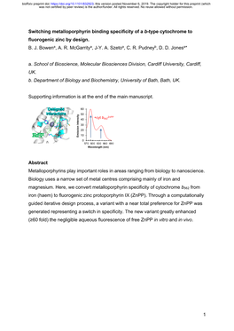 Switching Metalloporphyrin Binding Specificity of a B-Type Cytochrome to Fluorogenic Zinc by Design