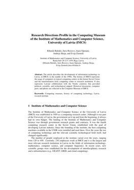 Research Directions Profile in the Computing Museum of the Institute of Mathematics and Computer Science, University of Latvia (IMCS)