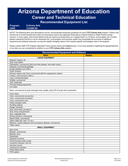 Arizona Department of Education Career and Technical Education Recommended Equipment List Program: Culinary Arts CIP#: 12.0500.00