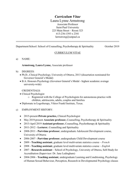 Curriculum Vitae Laura Lynne Armstrong Associate Professor Saint Paul University 223 Main Street – Room 323 613-236-1393 X 2341 Larmstrong@Ustpaul.Ca