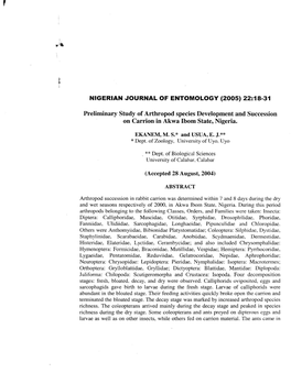 Preliminary Study of Arthropod Species Development and Succession on Carrion in Akwa Ibom State, Nigeria