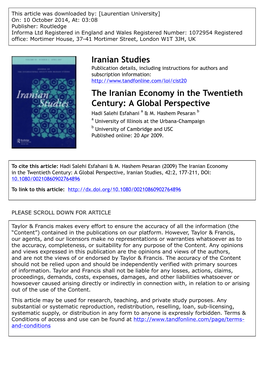 The Iranian Economy in the Twentieth Century: a Global Perspective Hadi Salehi Esfahani a & M