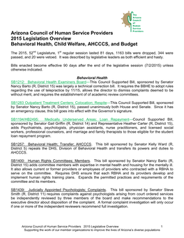 Arizona Council of Human Service Providers 2015 Legislation Overview Behavioral Health, Child Welfare, AHCCCS, and Budget