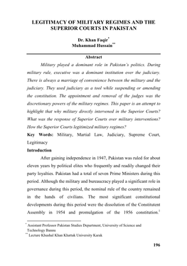 Legitimacy of Military Regimes and the Superior Courts in Pakistan