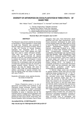 Diversity of Arthropods on Cocoa Plantation in Three Strata of Shade Tree