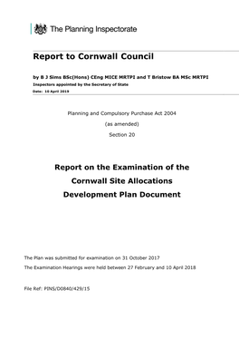 Report on the Examinaion of the Cornwall Site Allocations Development Plan Document