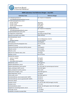 ABIM Laboratory Test Reference Ranges ̶ July 2021