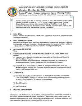 Ventura County Cultural Heritage Board Agenda Monday, October 22, 2012 County of Ventura • Resource Management Agency • Planning Division 800 S