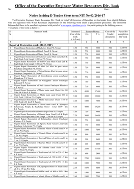 Office of the Executive Engineer Water Resources Div. Tonk No: Date