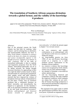 The Translation of Southern African Sangoma Divination Towards a Global Format, and the Validity of the Knowledge It Produces