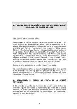 Acta De La Sessió Ordinària Del Ple De L’Ajuntament Del Dia 24 De Juliol De 2002