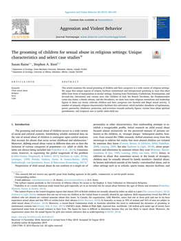 The Grooming of Children for Sexual Abuse in Religious Settings: Unique ☆ Characteristics and Select Case Studies T ⁎ Susan Rainea, , Stephen A