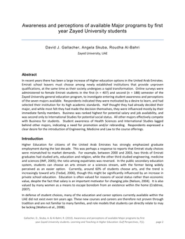 Awareness and Perceptions of Available Major Programs by First Year Zayed University Students